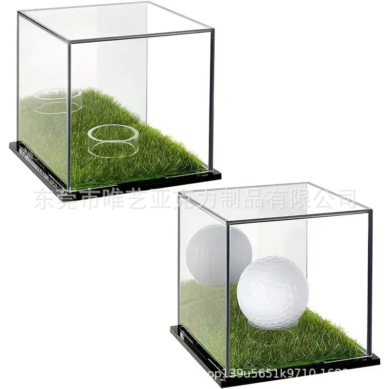 亚克力透明5面展示盒背面镜面板与草皮底板收纳盒适用于各种球类