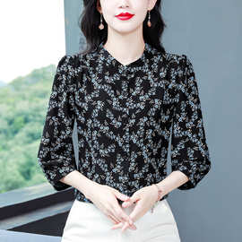 真丝衬衫女夏季装中老年妈妈减龄碎花衬衣气质宽松显瘦桑蚕丝上衣