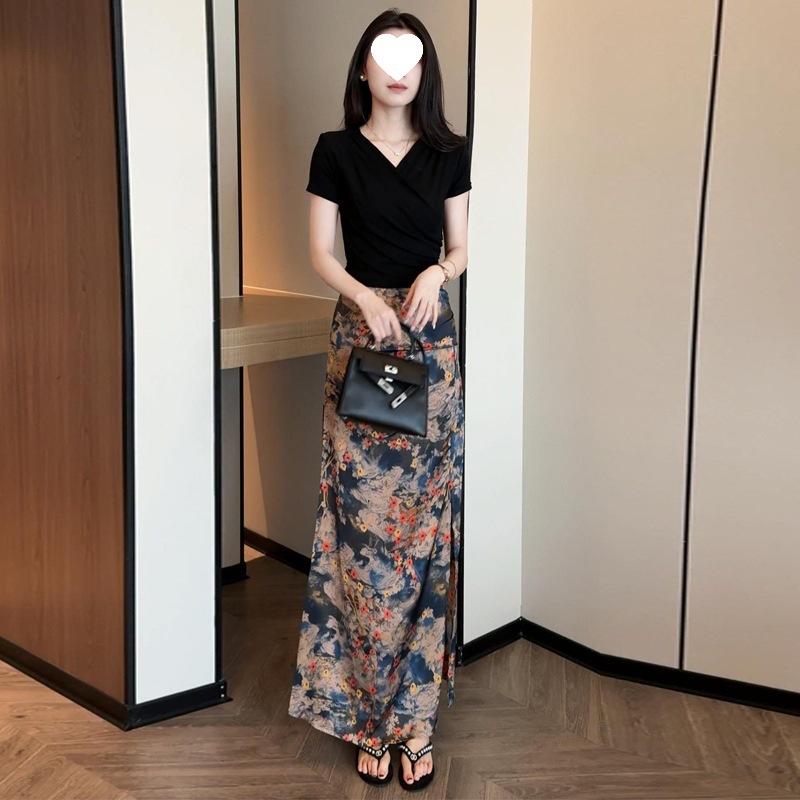 时尚套装裙女夏季新款洋气质显瘦V领绑带上压褶开叉半身裙两件套|undefined