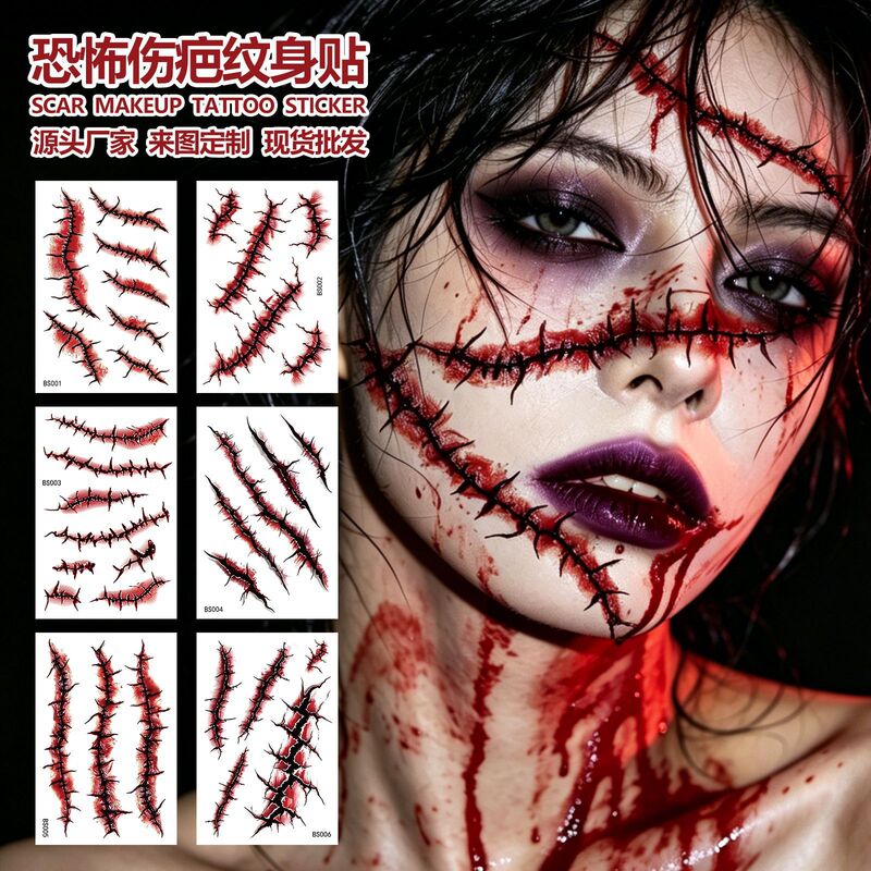 26 Hot-Selling Halloween Horror Scar Tattoo Stickers, Funny Face Stickers, Scar and Mouth Makeup Waterproof Tattoo Stickers