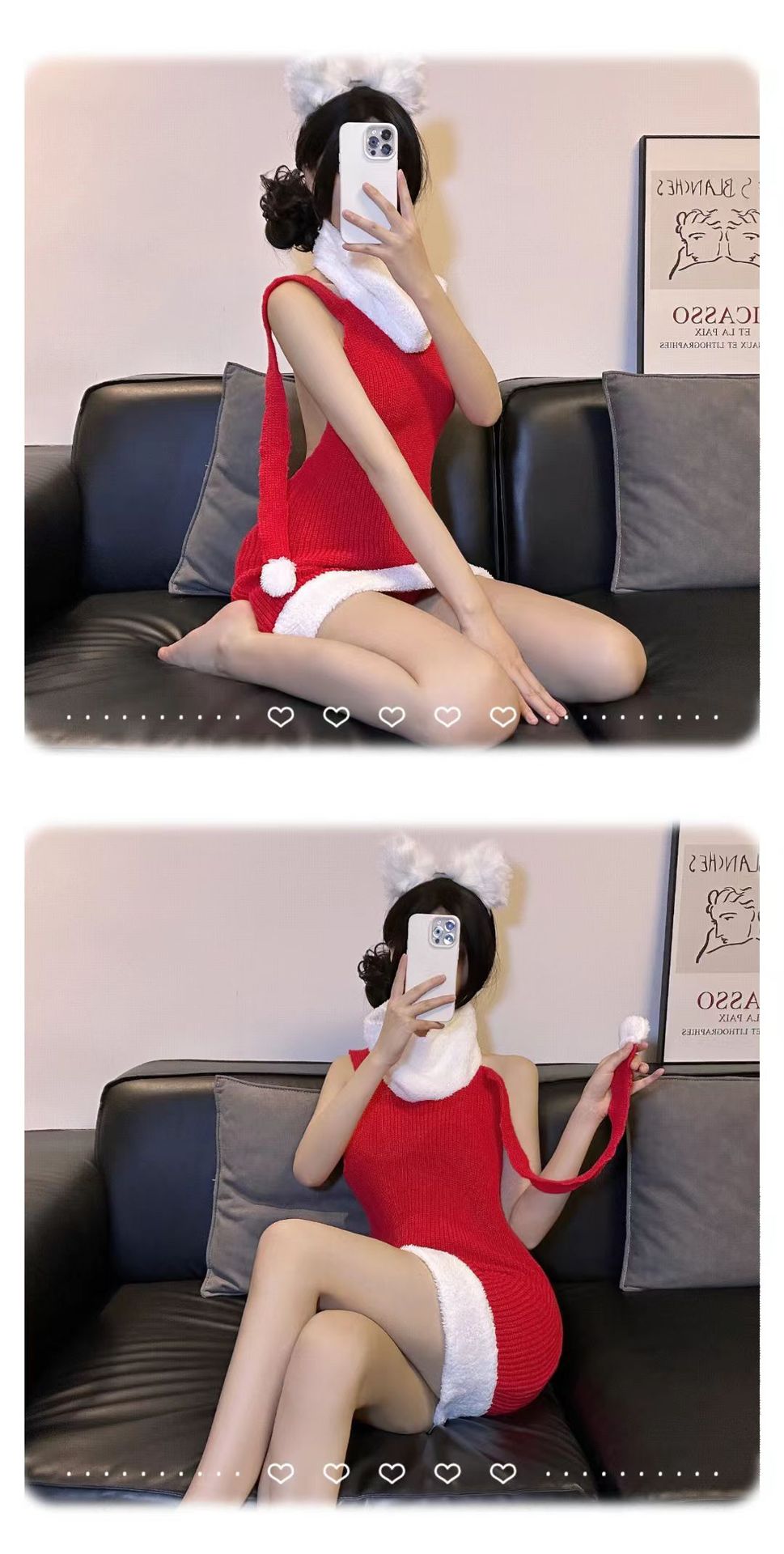 Red Christmas Cosplay Dress Set with Sweater, White Stockings and Bunny Ears — detail image 4