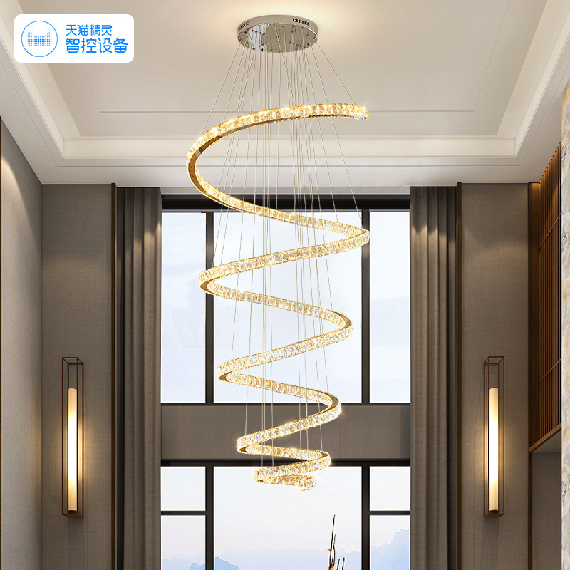 Lámpara de cristal lámpara de sala de estar lujosa villa dúplex gran lámpara elevación hueca escalera giratoria lámpara de lámpara larga lámpara de lámpara