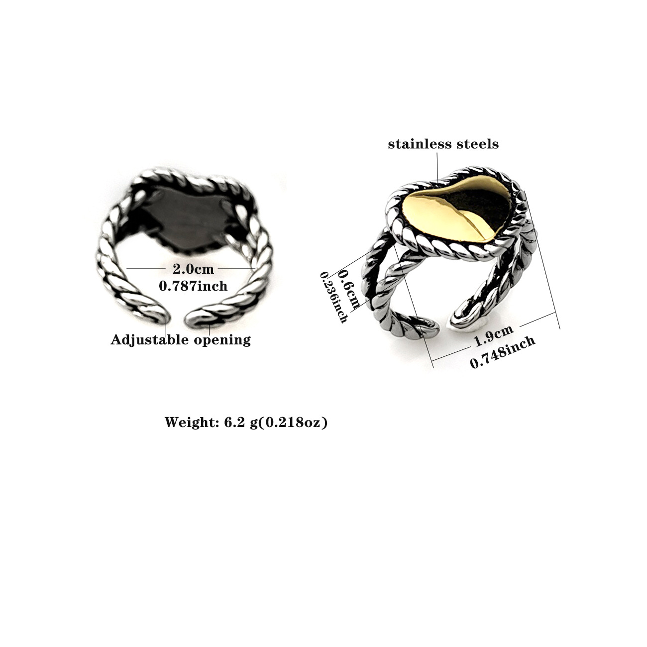 Wholesale Jewelry Retro Heart Shape 304 Stainless Steel Polishing Mixed Metal Open Rings display picture 2