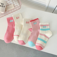短襪女粉色系刺繡短筒襪春夏款無骨棉襪吸汗透氣拼色條紋韓版襪子