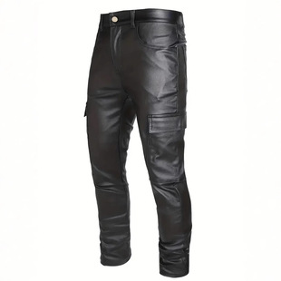 Cross-Border New Motorcycle Leather Pants Men's Outdoor Cycling Windproof Solid Color Pu Pants Side Pockets