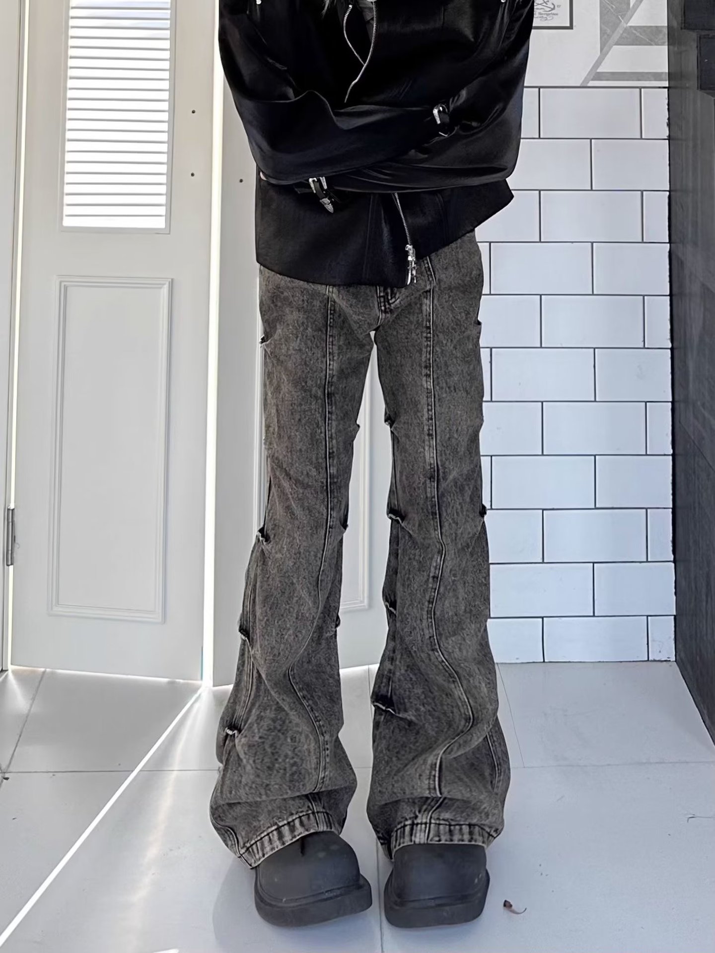 American High Street Vintage Worn-out Earth-tone Washed Pleated Flared Jeans Men's Wide-leg Trendy Long Pants_mkmklike.com