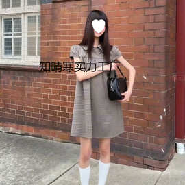 娃娃领美式复古格子短袖宽松洋气连衣裙图片色针织面料修身型纽扣