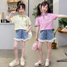 女童装时髦套装夏季新款女孩POLO衫短袖儿童运动装牛仔短裤两件套