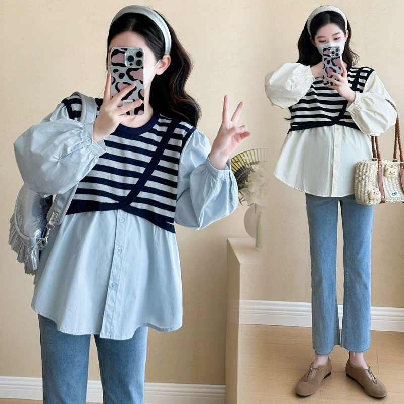 Рубашка для беременных весенний новый топ женский поддельные две полоски рубашка маленькая детка по беременности и родам футболка свободная кукольная рубашка