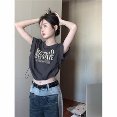 新款美式正肩抽绳短袖t恤女夏短款爵士舞宽松别致露脐上衣甜美减
