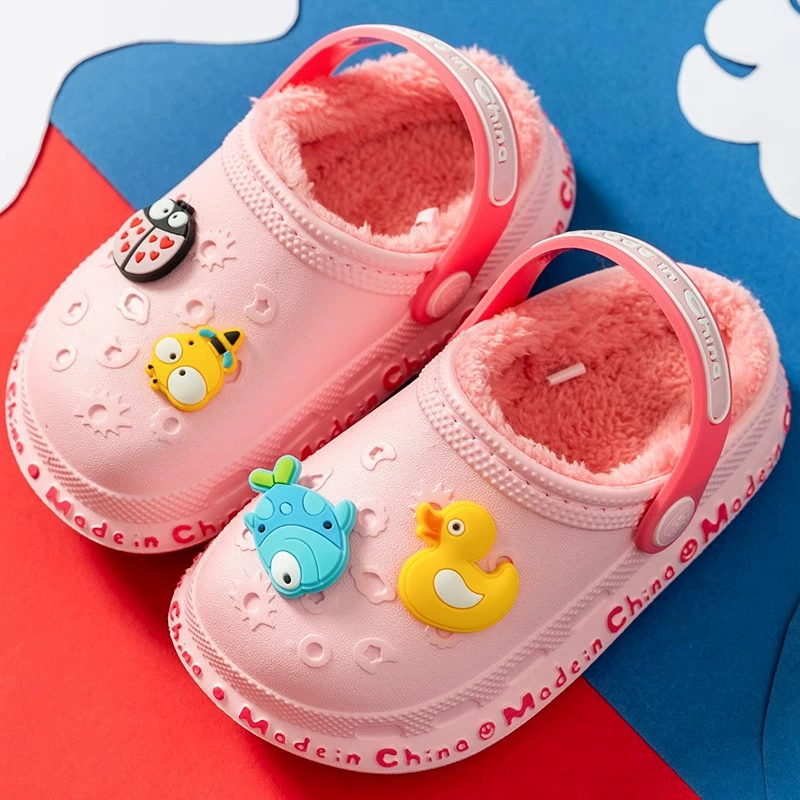 Детские хлопковые тапочки, зимние детские туфли для мальчиков с дырками для девочек, теплая флисовая подкладка От 1 до 3 лет 2 Нескользящие домашние непромокаемые хлопковые тапочки