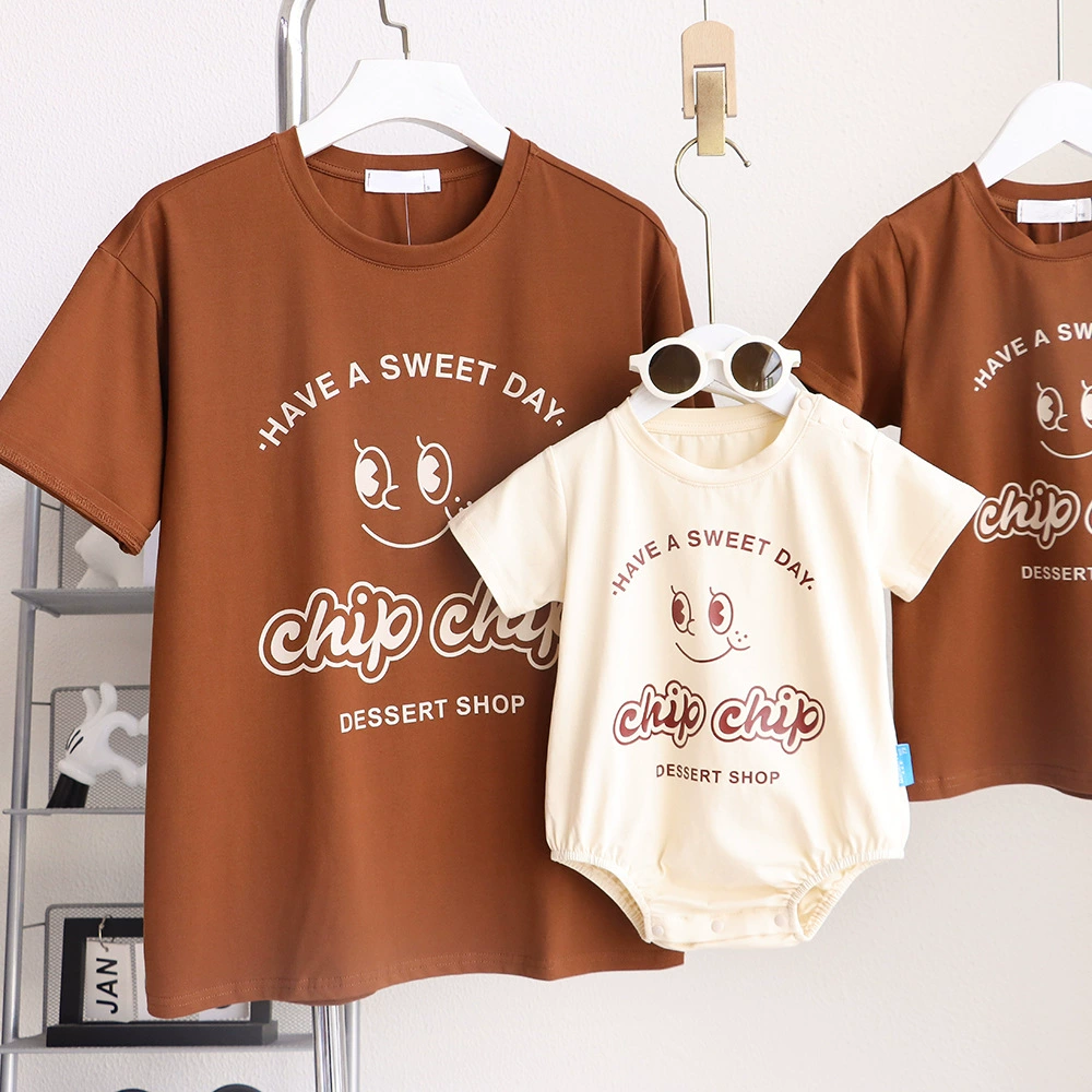 Douyin fanfare parent-child clothing 2025 new Korean version family three and four cartoon short-sleeved mother and child mother and daughter baby crawling clothes