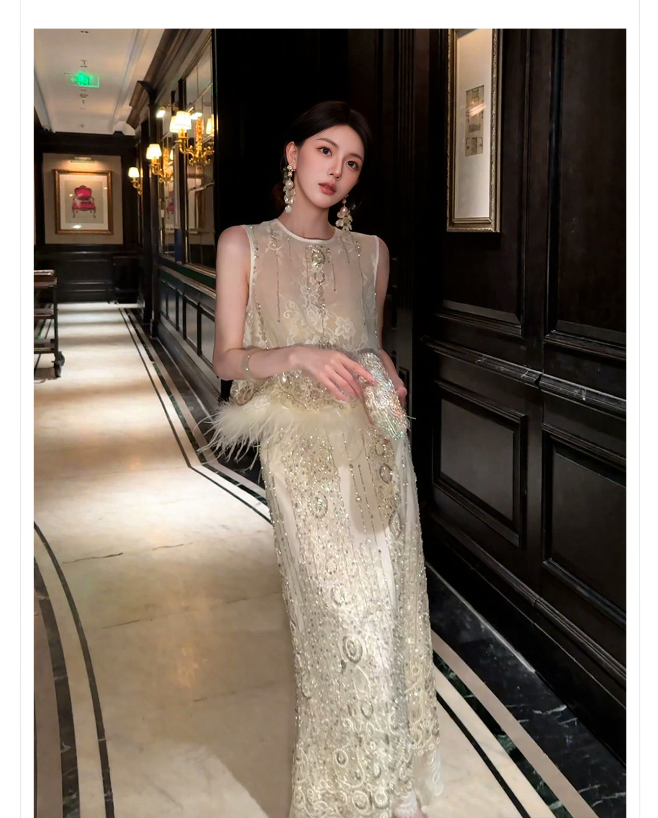 Set áo vest gile và chân váy midi thêu đính cườm phong cách Tân Trung Hoa — bộ đồ, nửa váy, Trang chủ chi tiết 3