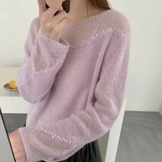 韩系感马海毛镂空微透针织衫上衣女春秋季宽松不规则设计薄毛衣女