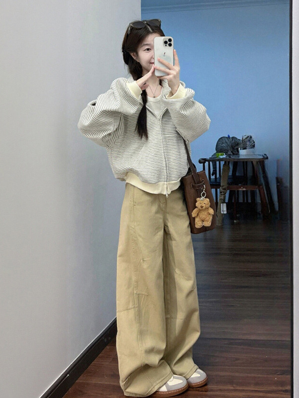韩系慵懒风条纹拉链连帽卫衣外套女2025新款秋冬百搭显瘦开衫上衣|undefined