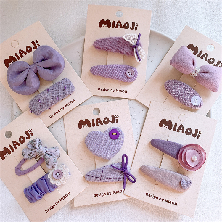 New Children's Purple Bow Heart Hair Clip Sweet Girl's Side Part Hair Clip Fringe BB Hair Pin Head Accessory Edge Clip