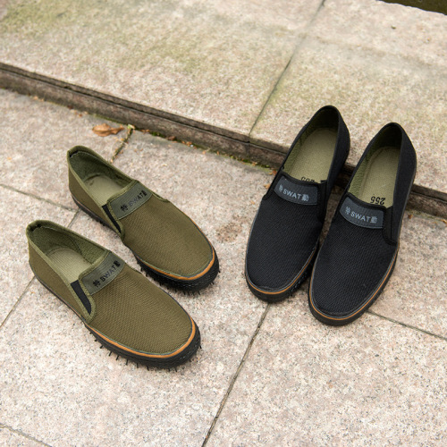 Camouflage men's shoes, Liberation-style slip-on work shoes—wear-resistant, non-slip, ideal for labor and training; factory-direct wholesale.