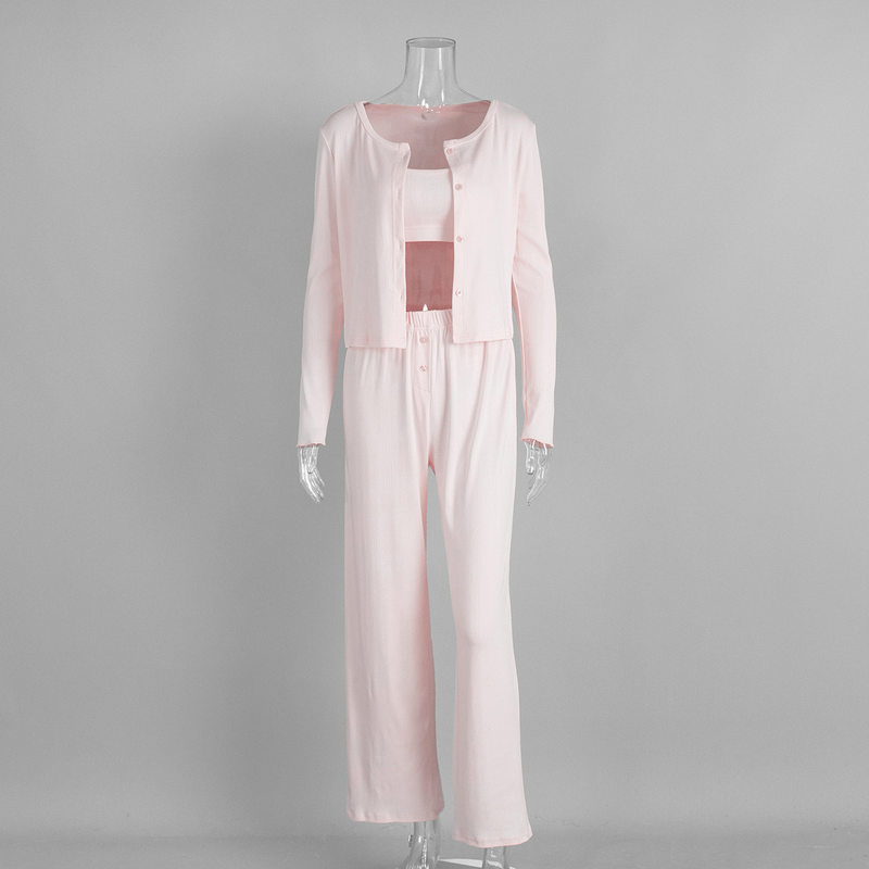 Bộ đồ ngủ nữ 3 món áo cardigan dài tay quần dài họa tiết jacquard — Màu be, Màu hồng