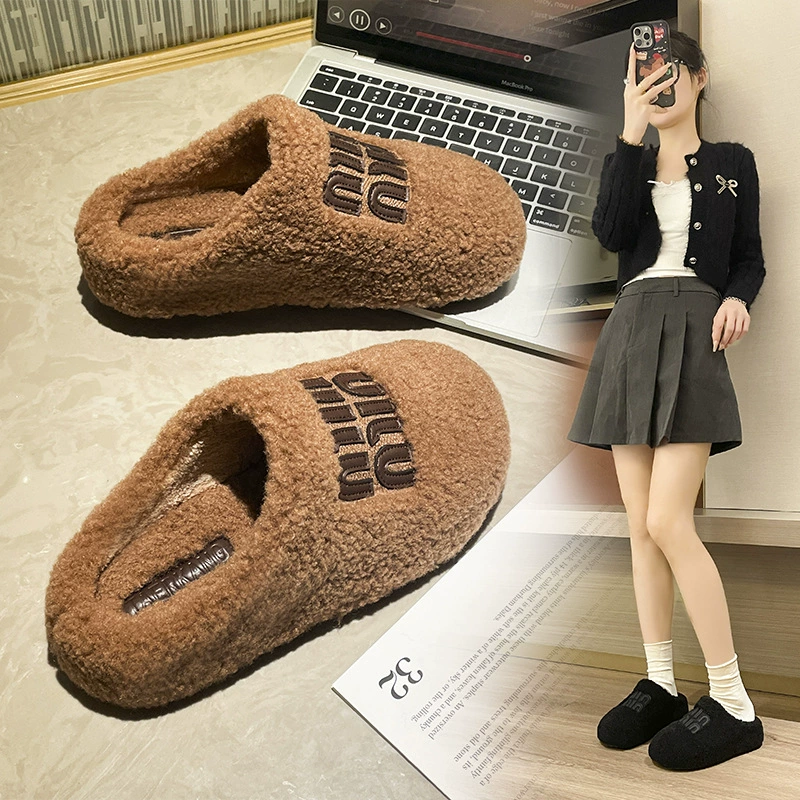 Один педаль меховые туфли женская внешняя одежда 2024 новая корейская версия нежной феи фасоль фасоль обувь женская зимняя бархатная ватная обувь