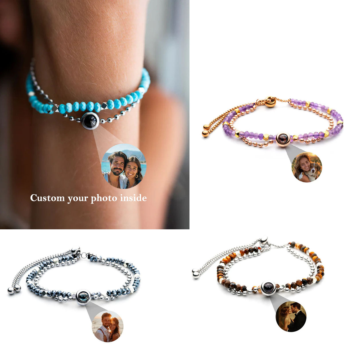 跨境热销个性化图片投影多款式天然水晶投影双层不锈钢手链