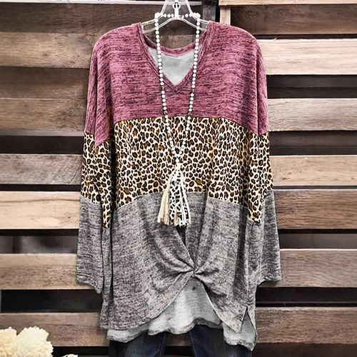 A large quantity of Western and European plus-size women's V-neck leopard print color-blocked patchwork long-sleeved T-shirt tops