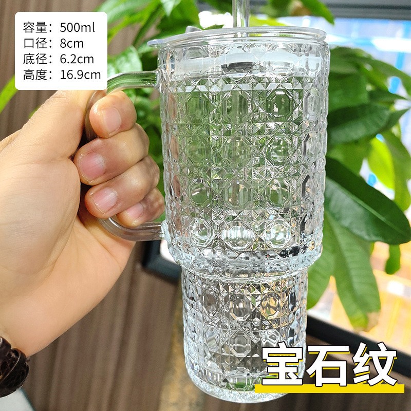 大容量玻璃杯巨无霸带把手吸管杯女生高颜值带盖办公室咖啡水杯子|undefined