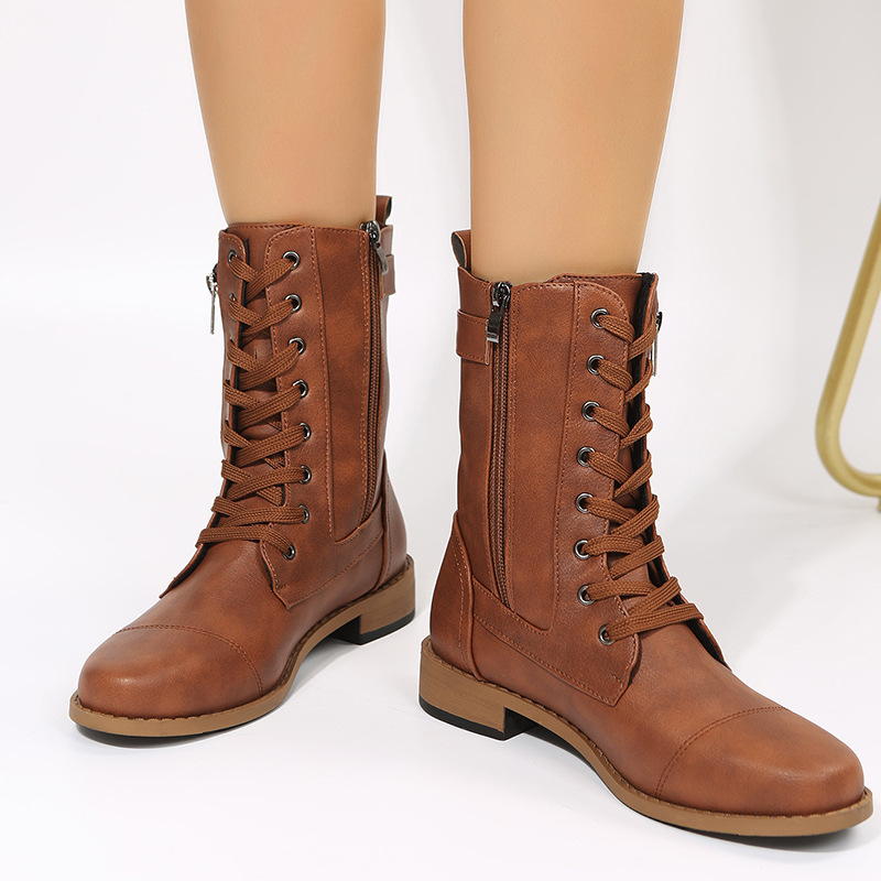Booties with side zippers chunky heels plus size women's boots_voghion.com