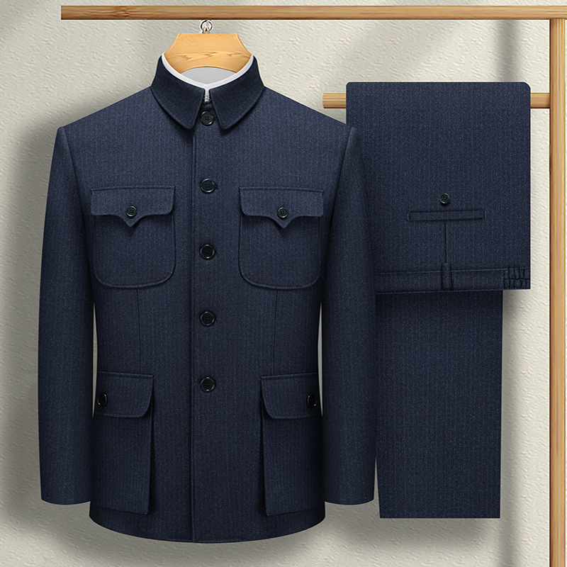 中山装男中老年套装老年人外套秋冬季老人衣服爸爸上衣爷爷中山服|undefined