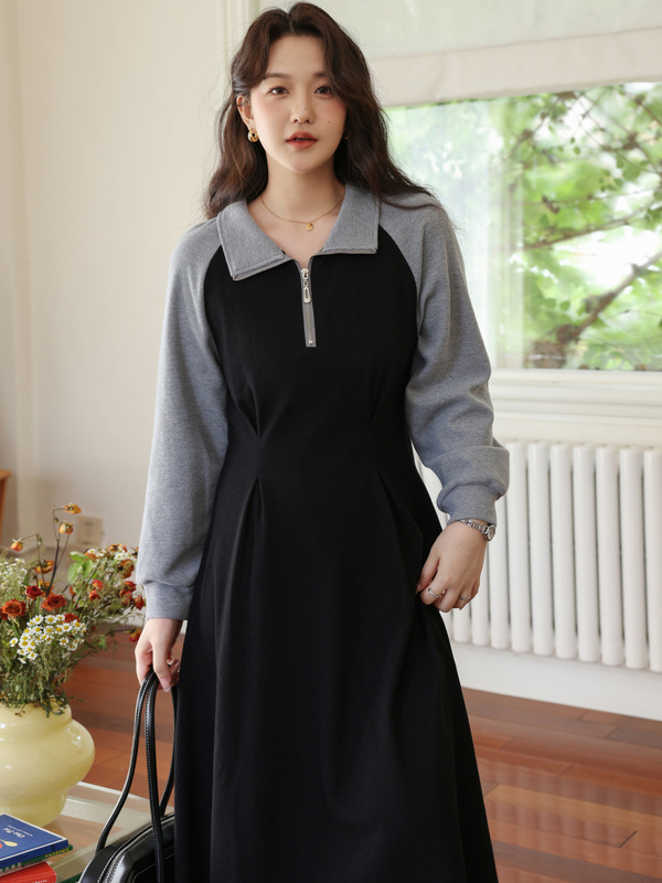 60221#实拍现货/大码女装2025新款拼接假两件收腰显瘦卫衣连衣裙|undefined