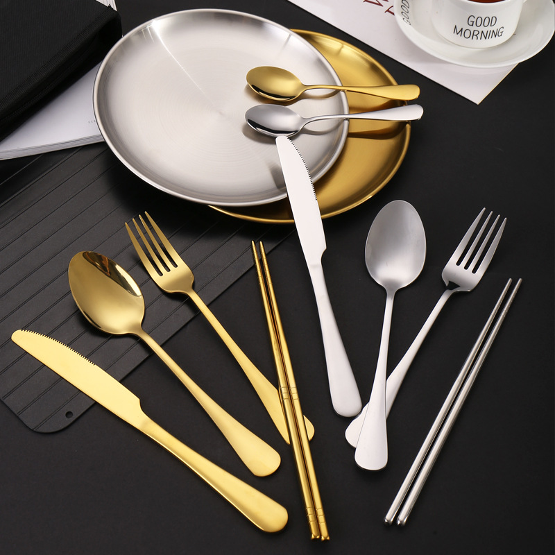 Outdoor tableware stainless steel camping barbecue steak knife fork spoon chopsticks travel portable set bag camping tableware