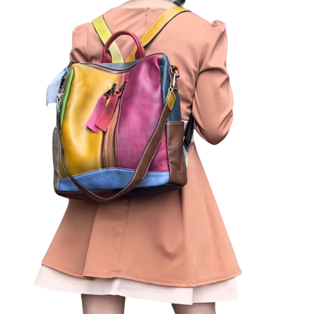 Leather Backpack With Colorful Cowhide Splicing, Single Shoulder Bag, Casual Backpack_voghion.com