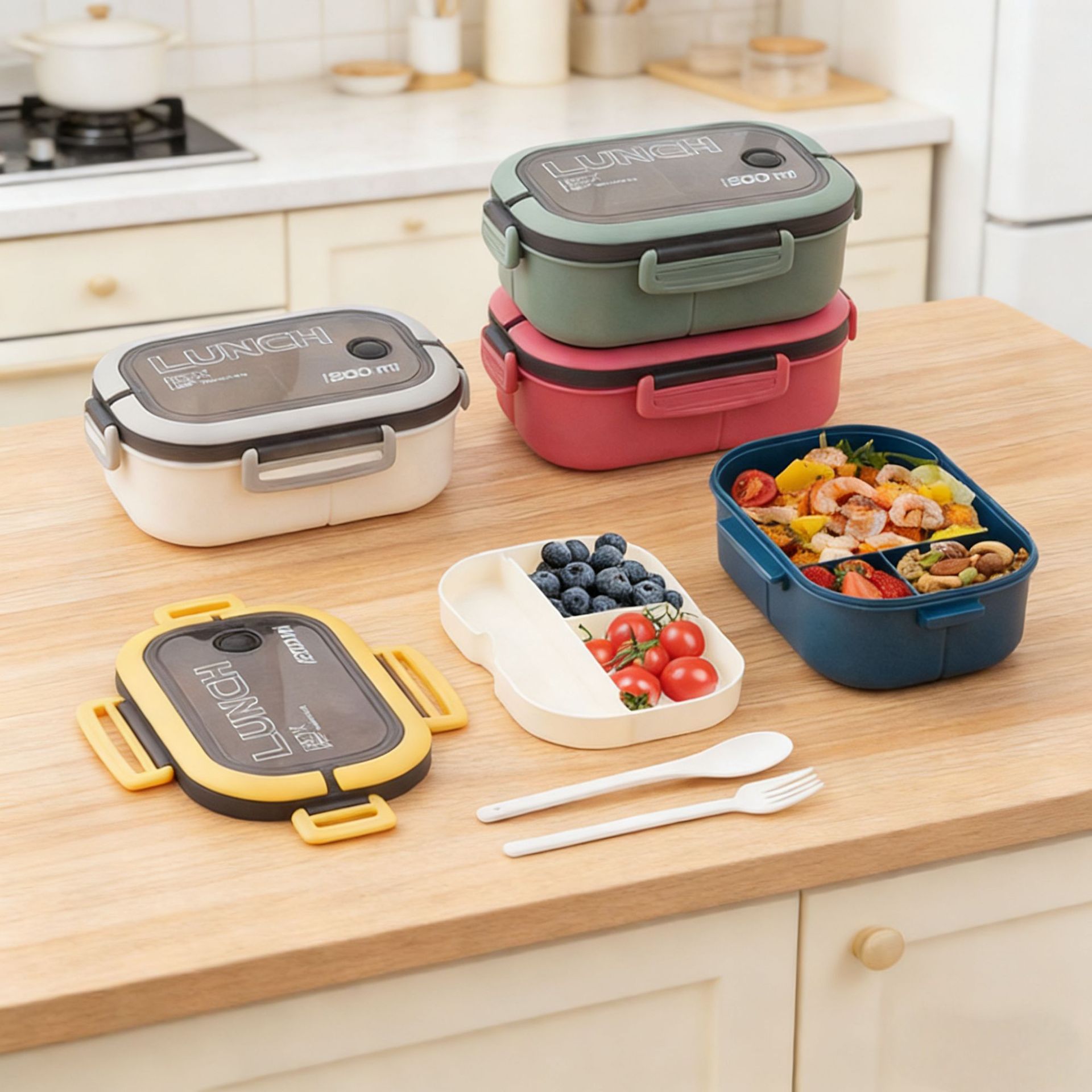 跨境饭盒可进微波炉上班族学生便当盒餐具勺子高颜值保鲜盒食品级