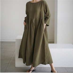 Loose plus size dress fat Japanese Korean style cotton and linen style round neck pullover solid color long dress large swing skirt