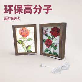 跨境实木相框玫瑰花桌面摆件工艺创意礼品展示发光画装饰小夜灯