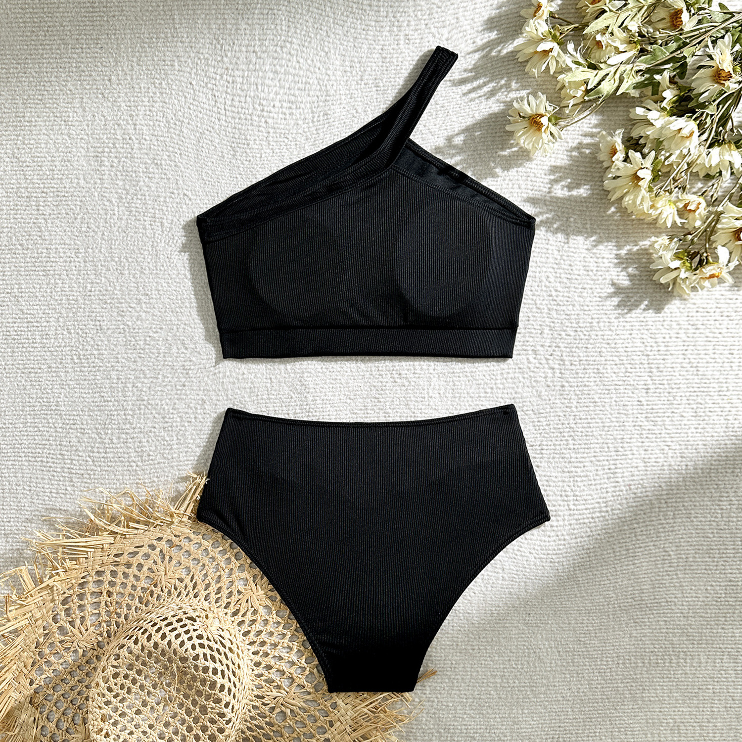 One-shoulder Split Sunken Stripe High Waist Swimsuit