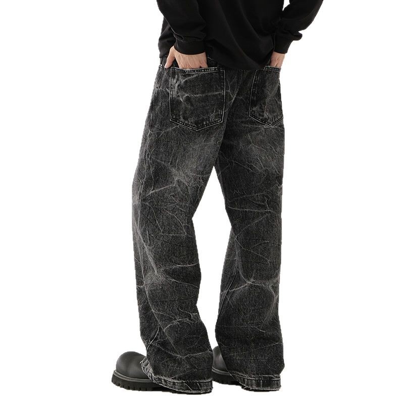 „Retro High Street Lightning Wash Schwarz-Graue Jeans für Herren – Slim Fit Straight Leg Denim-Hose mit mehreren Taschen und Cleanfit-Ästhetik“_voghion.com