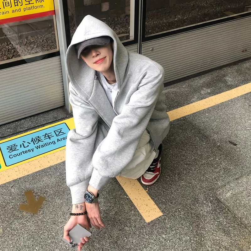 멜란지 그레이 카디건 스웨터 남자 가을 새로운 더블 헤드 지퍼 후드 재킷 미국 레트로 착용 재킷