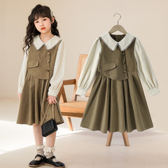 Little Girls' Dress Autumn 2023 New Korean Style Fashion Casual Women and Girls Medium and Large Children's Fashion Two-Piece Set for Dropshipping