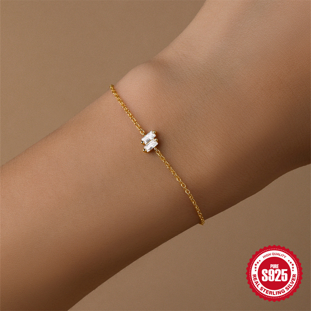 Pulsera de mujer con elementos geométricos de costura de circón rectangular de uso diario de plata esterlina s925 simple y versátil europea y americana