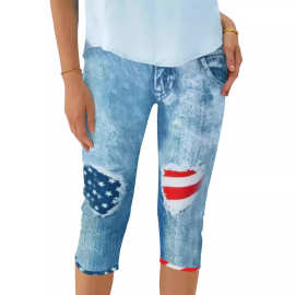 欧美时尚仿牛仔国旗印花个性紧身裤女裤亚马逊wish热销女士牛仔裤