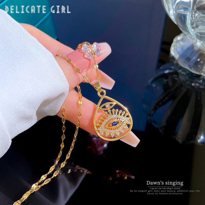 Ethnic Style Water Droplets Eye Titanium Steel Plating Hollow Out Inlay Zircon Pendant Necklace 1 Pi