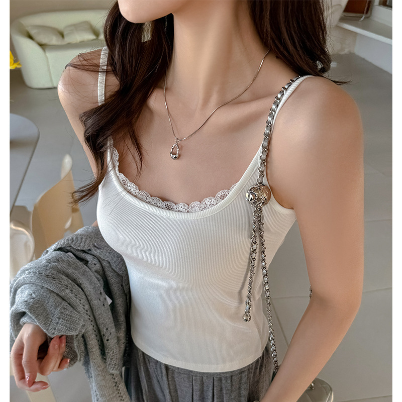 White Spaghetti Strap Camisole for Women with Lace Trim, Korean Style, Slim Fit, Can Be Worn as an Outer Layer or as a Base Layer