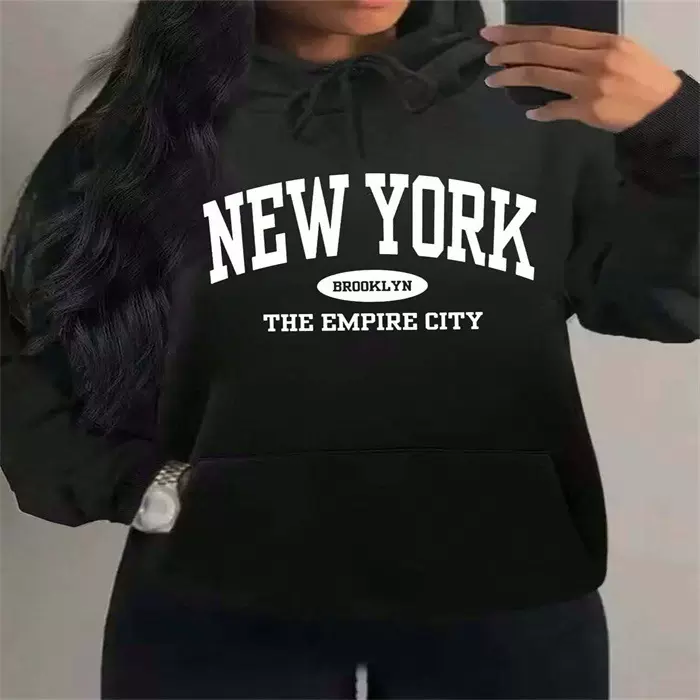 跨境休闲加绒连帽衫时尚newyor卫衣舒适百搭宽松男女情侣连帽卫衣