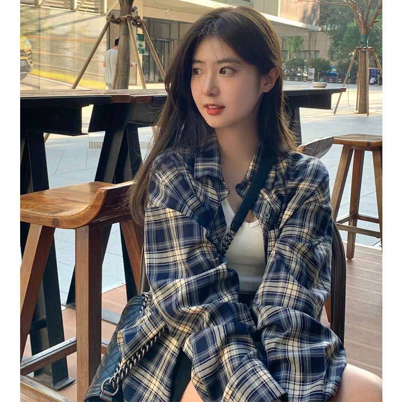 秋冬新款格子衬衫翻领长袖女慵懒风复古宽松衬衣开衫外套上衣衬衫|undefined