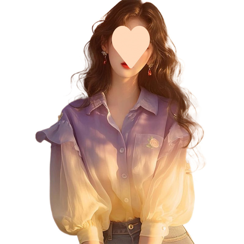 パープルシフォンシャツ秋の女性の 2025 新しいニッチユニークでシックなパフスリーブグラデーションコントラストカラートップ|undefined