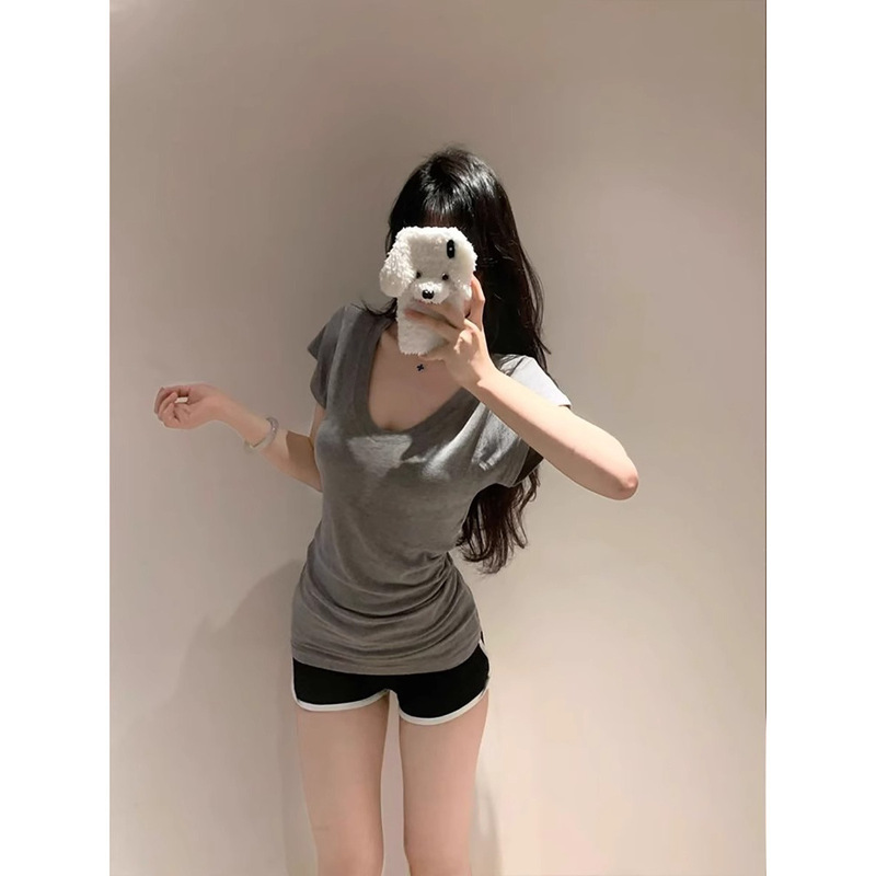 灰色V领垂感收腰正肩短袖T恤女夏季松弛感慵懒风基础修身显瘦上衣|undefined