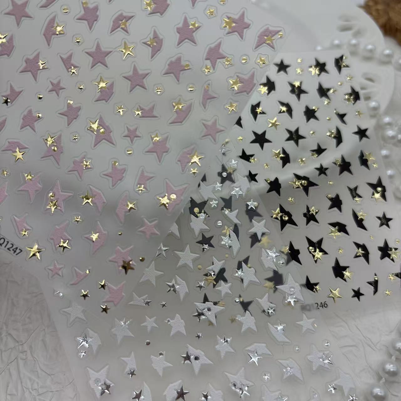 Black gold-embossed five-pointed star nail stickers, sweet and cool hot girl pink laser nail stickers, high-quality DIY nail art