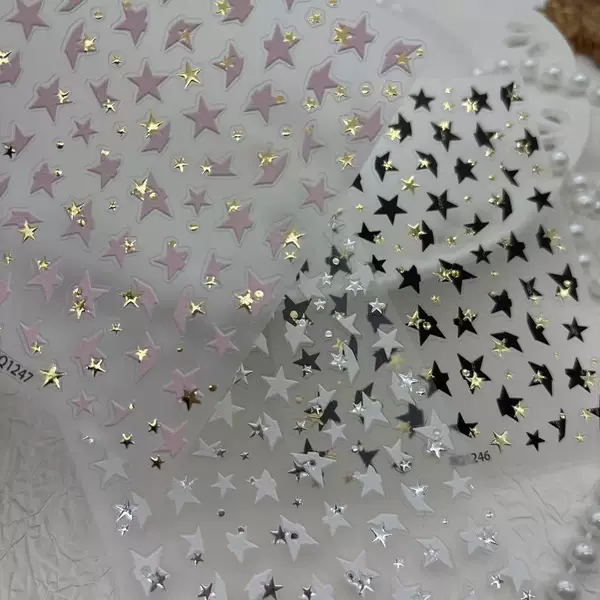 Black gold-embossed five-pointed star nail stickers, sweet and cool hot girl pink laser nail stickers, high-quality DIY nail art