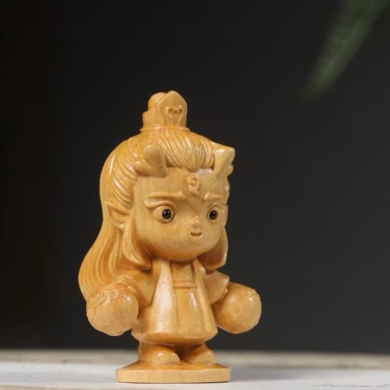 黄楊木木の彫刻喜獅子臨門の取っ手の件の茶は獅子をかわいがります。|undefined