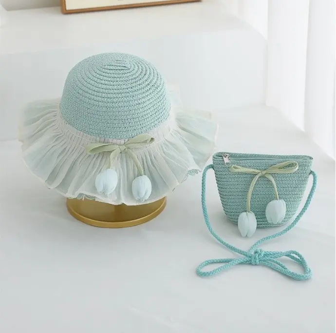 Sombrero de paja para niña de verano Estilo de verano Princesa Playa Protector solar Sombrero grande Sombrero de pescador de tulipán Sombrero de paja
